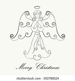 Hand drawn Christmas angel prayer for adult anti stress Coloring Page. Isolated on white background. Vector monochrome sketch. Eps 8.