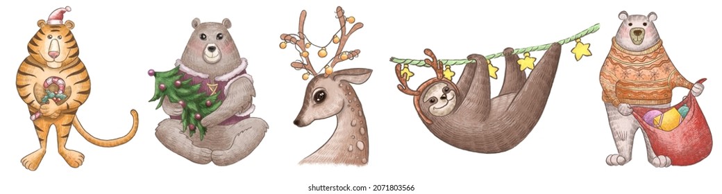 Hand drawn, Christmas animals, holiday animals for cards, print and decor. Can be used for panels, creating patterns, New Year's greetings.