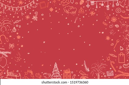 Hand drawn christmas background. Abstract banner. Happy New Year. Sketchy background with holiday elements. Design for your business. Colorful illustration
