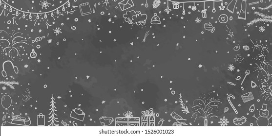 Hand drawn christmas background. Abstract chalkboard. Sketchy background with holiday elements. Design for your business. Black and white illustration