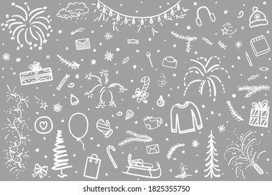 Hand drawn christmas background. Abstract xmas elements. Black and white illustration