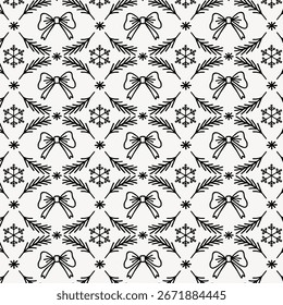 Fondo de Navidades dibujadas a mano con arcos y ramas de pino. Estampado decorativo en blanco y negro para las vacaciones de invierno. Vector.