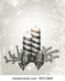 Hand drawn Christmas background with candles, ribbon and fir branches