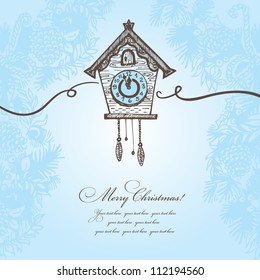Hand drawn Christmas background with cuckoo-clock