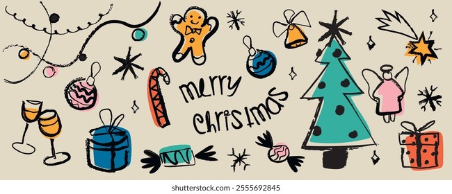 hand drawn christmas background design. freehand illustration. childish postcard. vintage illustration. winter vibe.