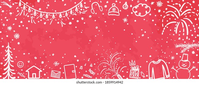 Hand drawn christmas background. Freehand art. Happy New Year. Sketchy background with holiday elements