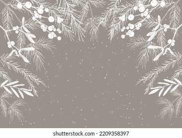 Hand drawn Christmas background with mistletoe and berries border 