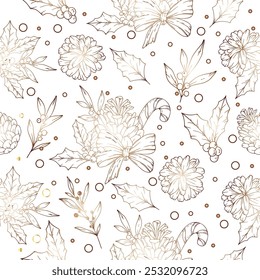 Hand Drawn Christmas Background. Christmas Seamless Pattern with Trendy Greenery. Christmas Line Art. Winter greenery seamless pattern. Christmas pattern for luxury wallpapers, textile, cards, labels
