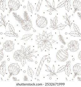 Hand Drawn Christmas Background. Christmas Seamless Pattern with Trendy Greenery. Christmas Line Art. Winter greenery seamless pattern. Christmas pattern for luxury wallpapers, textile, cards, labels