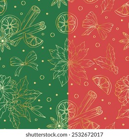 Hand Drawn Christmas Background. Christmas Seamless Pattern with Trendy Greenery. Christmas Line Art. Winter greenery seamless pattern. Christmas pattern for luxury wallpapers, textile, cards, labels