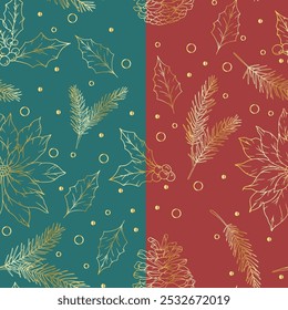 Hand Drawn Christmas Background. Christmas Seamless Pattern with Trendy Greenery. Christmas Line Art. Winter greenery seamless pattern. Christmas pattern for luxury wallpapers, textile, cards, labels