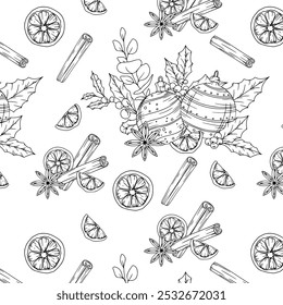 Hand Drawn Christmas Background. Christmas Seamless Pattern with Trendy Greenery. Christmas Line Art. Winter greenery seamless pattern. Christmas pattern for luxury wallpapers, textile, cards, labels