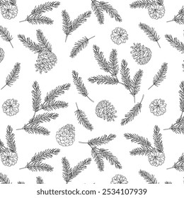 Hand Drawn Christmas Background. Christmas Seamless Pattern with Trendy Greenery. Christmas Line Art. Winter greenery seamless pattern. Christmas pattern for luxury wallpapers, textile, cards, labels