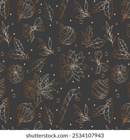 Hand Drawn Christmas Background. Christmas Seamless Pattern with Trendy Greenery. Christmas Line Art. Winter greenery seamless pattern. Christmas pattern for luxury wallpapers, textile, cards, labels
