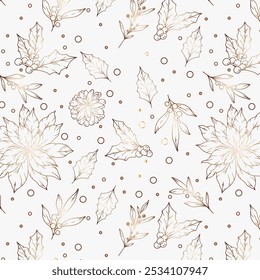 Hand Drawn Christmas Background. Christmas Seamless Pattern with Trendy Greenery. Christmas Line Art. Winter greenery seamless pattern. Christmas pattern for luxury wallpapers, textile, cards, labels