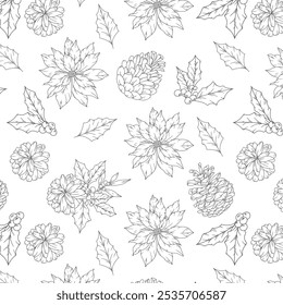 Hand Drawn Christmas Background. Christmas Seamless Pattern with Trendy Greenery. Christmas Line Art. Winter greenery seamless pattern. Christmas pattern for luxury wallpapers, textile, cards, labels