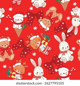Hand Drawn Christmas background Seamless pattern bunny, teddy bear and Snowman Ice Cream Cone new year print design background vector textile for kids fashion