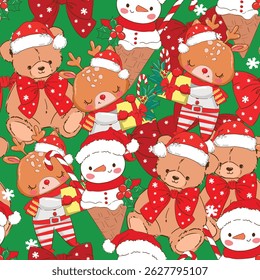 Hand Drawn Christmas background Seamless pattern deer, teddy bear and Snowman Ice Cream Cone new year print design background vector textile for kids fashion