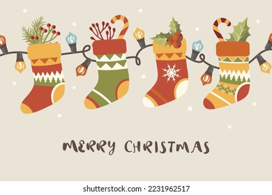 Hand drawn christmas background with christmas socks for gifts christmas wallpaper