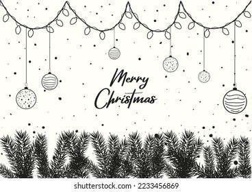 Hand drawn Christmas Background with Christmas tree branch balls and Christmas lights on white background