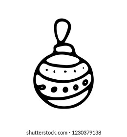 Hand drawn christmas ball doodle. Sketch winter icon. Decoration element. Isolated on white background. Vector illustration.