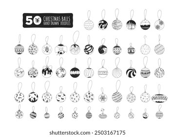 Hand drawn Christmas ball doodle set. Xmas winter elements isolated on white background. Collection of cute xmas ornaments doodles. Festive Christmas decorations. Holiday icon designs. Editable Vector