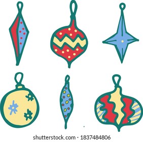 Hand drawn Christmas ball icon isolated. Vector sketch green, red, blue and gold doodle illustration.
