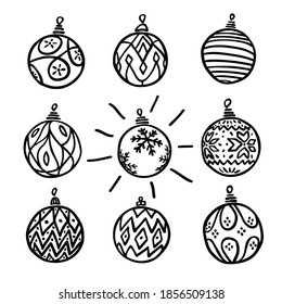 Hand drawn christmas ball isolated. Vector sketch black and white background illustration icon doodle