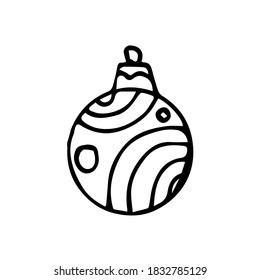 Hand drawn christmas ball isolated.Vector sketch black and white background. Christmas toy in the style of Doodle.