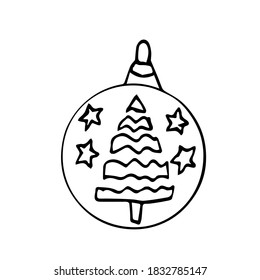 Hand drawn christmas ball isolated.Vector sketch black and white background. Christmas toy in the style of Doodle.