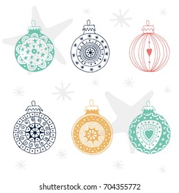 Hand drawn Christmas balls with ornament. Cute new year vector illustration.