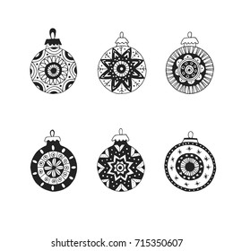 Hand drawn Christmas balls with ornament. Cute new year decoration. Vector illustration.