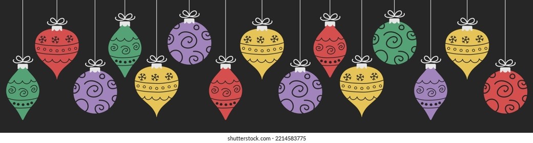 Hand drawn Christmas balls. Panoramic header. Vector illustration