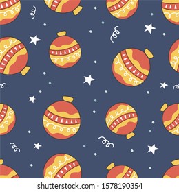 Hand drawn Christmas balls seamless pattern. Cartoon flat Christmas decorations illustration. Design for wrapping, cards, textile, wallpapers. Stock vector illustration.