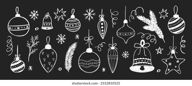 Hand drawn Christmas balls, stars and snowflakes with crayon or pencil texture. White doodle vector illustration on a blackboard.