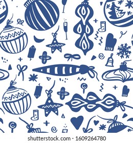 Hand drawn christmas balls, toys and Champagne glasses seamless pattern on white background. New Year vector balls sketch, ink doodle xmas bauble illustration.