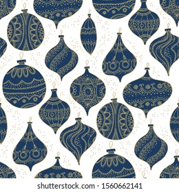 Hand drawn Christmas balls vector seamless pattern. Xmas baubles blue and gold rapport