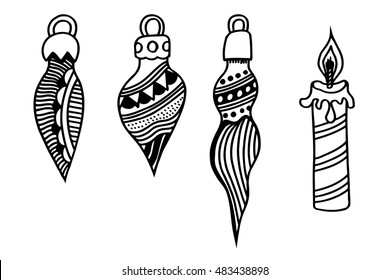Hand drawn Christmas balls zentangle style for coloring book.
