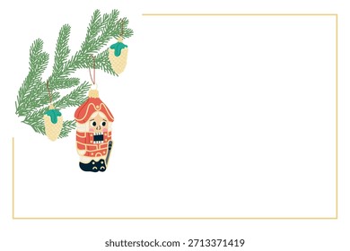 Hand drawn Christmas banner with nutcracker toy hanging on fir branch with pinecone ornaments and decorative frame. This illustration represents festive holiday decoration traditional Christmas symbol