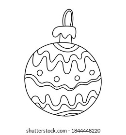 Hand drawn christmas bauble isolated on white decorated with pattern.  Vector illustration of a xmas ball in doodle sketch style, black outline. Great for New Year and Christmas greeting cards.