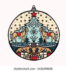 Hand drawn Christmas bauble ornament motif. Isolated festive ball deco design element. Cute winter holidays clip art icon. Festive retro vector illustration for traditional yuletide greeting card. 

