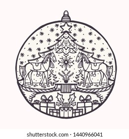 Hand drawn Christmas bauble ornament motif. Isolated festive ball deco design element. Cute winter holidays clip art icon. Festive retro vector illustration for traditional yuletide greeting card.