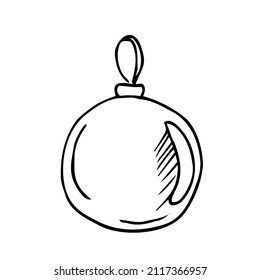 Handgezeichneter Weihnachtsbaum. Baumspielzeug, Ball. Neues Jahr oder Weihnachtsdesign-Element. Doodle-Stil. Schwarz-Weiß-Vektorgrafik.