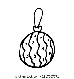 Hand drawn Christmas bauble. Tree toy, ball. New year or Christmas design element. Doodle style. Black and white vector illustration.