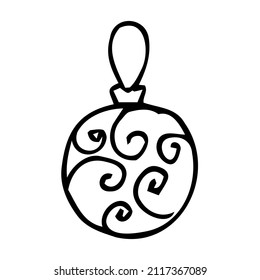 Hand drawn Christmas bauble. Tree toy, ball. New year or Christmas design element. Doodle style. Black and white vector illustration.