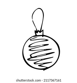 La mano dibujó la Navidad bauble. Juguete de árbol, bola. Año nuevo o elemento de diseño navideño. Estilo Doodle. Ilustración vectorial en blanco y negro.