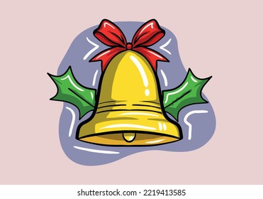 Hand drawn a christmas bell with red ribbon with mistletoe leaves illustration