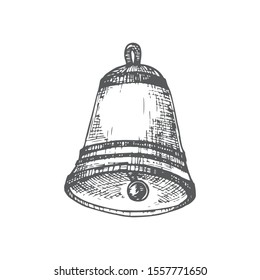 Hand Drawn Christmas Bell Vector Illustration. Abstract Rustic Sketch. Winter Holiday Engraving Style Drawing. Isolated.