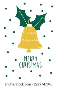 Hand drawn Christmas bell yellow color. Doodle style. Vector hand drawn element. Merry Christmas greeting card design. Minimalist Scandinavian design