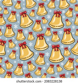 Hand Drawn Christmas Bells with Red Ribbon Bows and Falling Snow. New Year and Christmas Vintage Retro Seamless Pattern. Gold bells with ribbons and Snowflakes Texture. Wallpaper, gift wrapper, card.